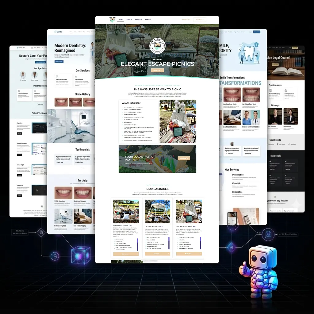5 Web Design Mockups with Devbot giving the thumbs up